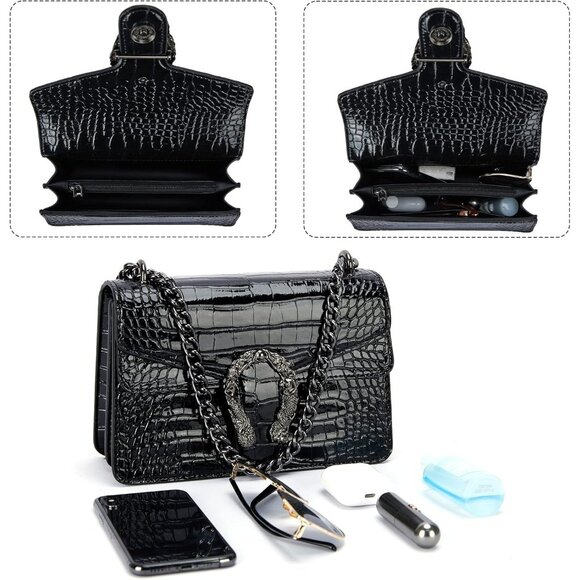 ⚡ Women's Black Snake Vegan Leather Print Casual Satchel Crossbody Handbag - Picture 4 of 7